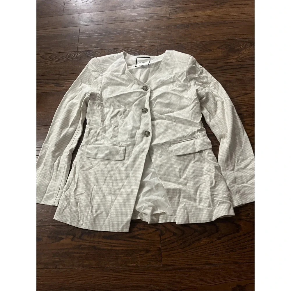 Bagatelle Blazer Jacket XL Tan Houndstooth Linen Blend Quiet Luxury Coastal Chic